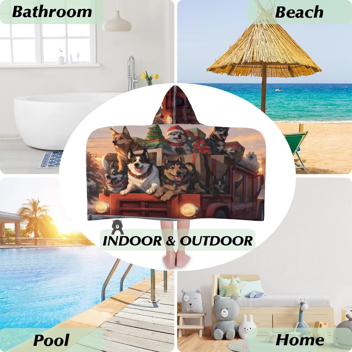 Kid Bath Towels Dogs Christmas Car Kids Towel with Hood for Girls Boys Beach Towel Pool Cover Up Soft Absorbent Toddler Hooded Bath Towel for Shower, Beach, Pool
