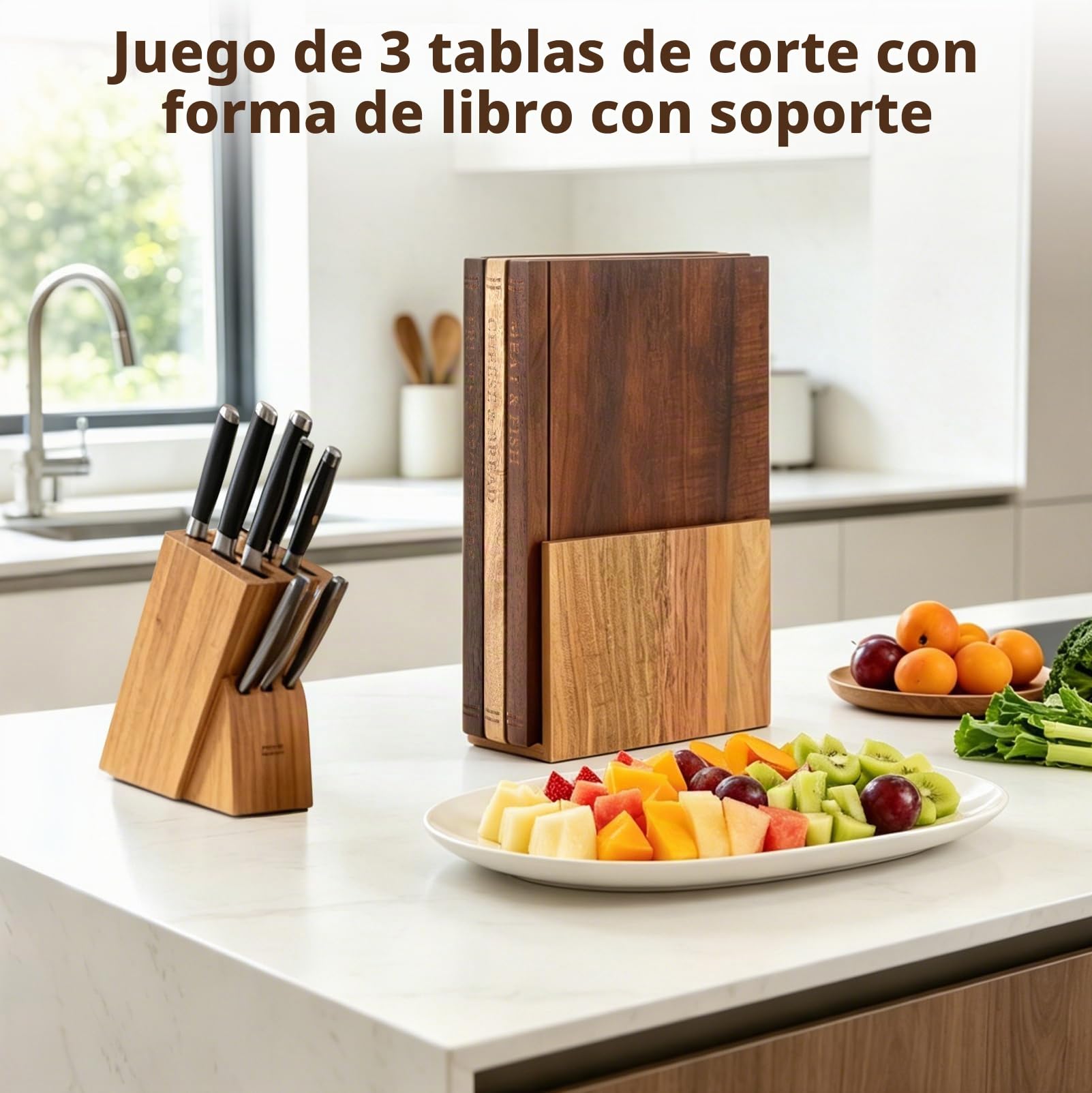Tabla de Cortar Juego de 3 con Soporte, Tablas de Cocina de Madera Diseño | Libro, Antideslizantes y Resistentes a las Manchas, Cutting Board para Queso, Pan y Verduras, Duraderas y Prácticas