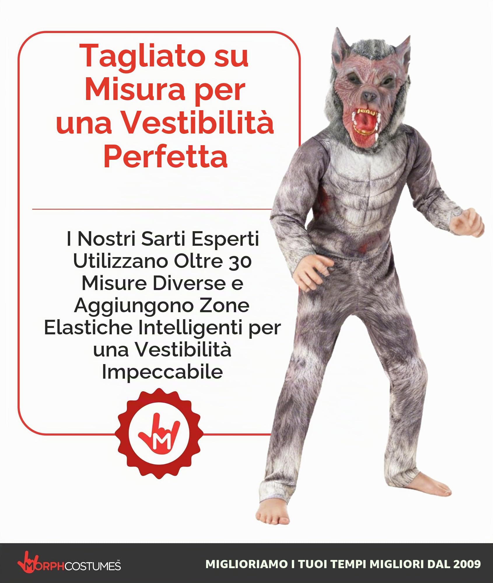 Morph Costume Lupo Mannaro Bambino - Vestito Halloween per Bambina e Bambino, Abito da Lupo Mannaro per Feste e Party, M