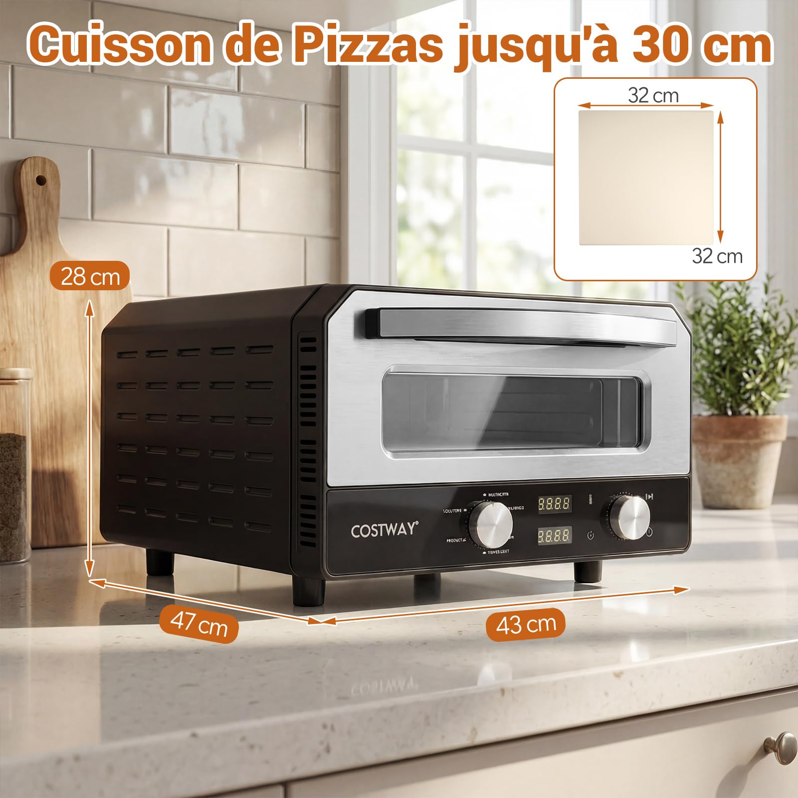 COSTW Four à pizza électrique, 1700W, Four de Comptoir avec 6 Programmes, pour Pizzas de 32 cm, Minuterie de 1 à 60 Minutes, Jusqu'à 400℃, Machine à Pizza avec Pierre à Pizza & Roulette à Pizza