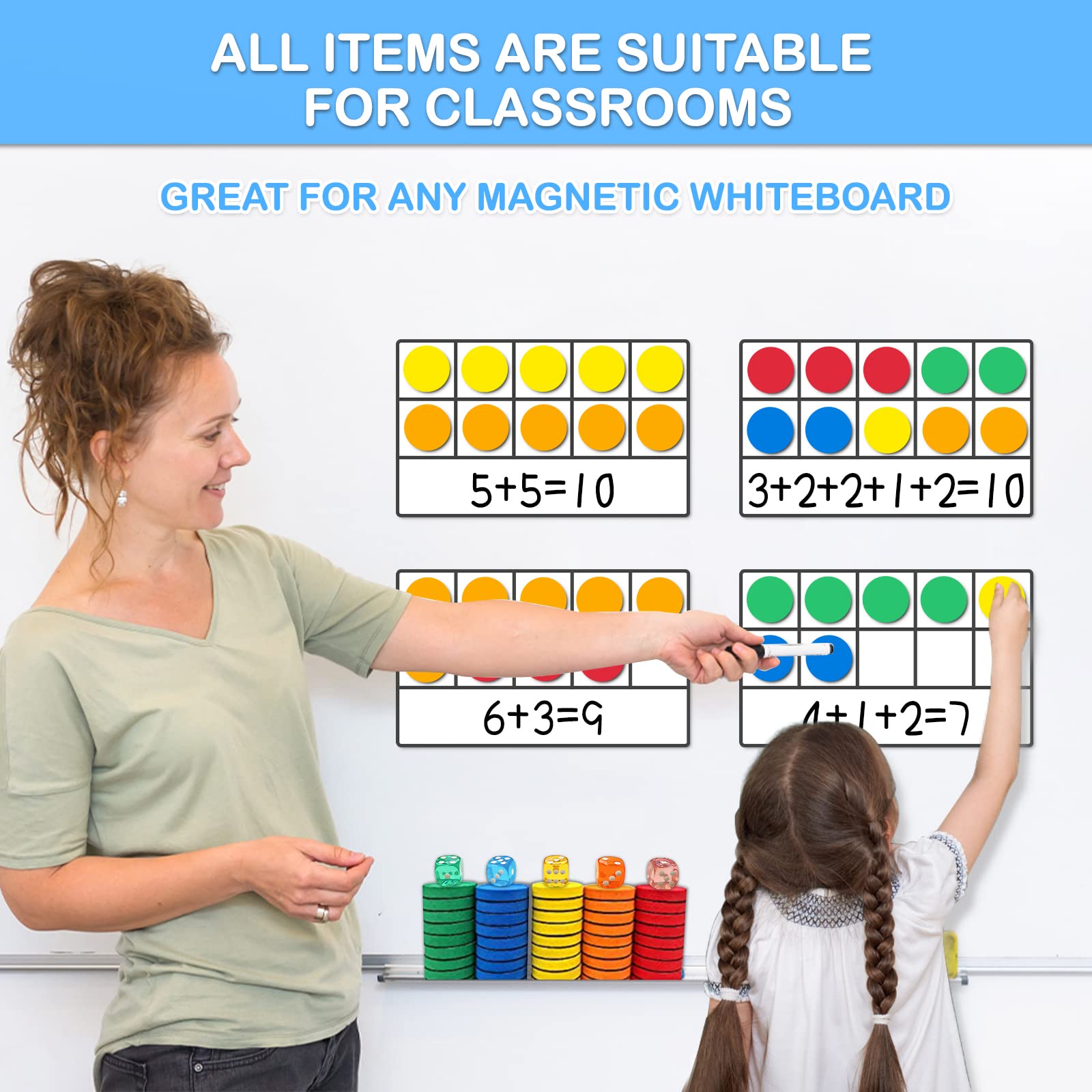 Amazon.com: Magnetic Ten-Frame Set Math Manipulatives 142pcs Kit, 5 Frames  + 55 Magnetic Math Counters + 5 Dice + 72 Math Flash Cards + 4 Markers,  Math Games for Home, Kindergarten Classroom, Teachers Elementary : Toys &  Games