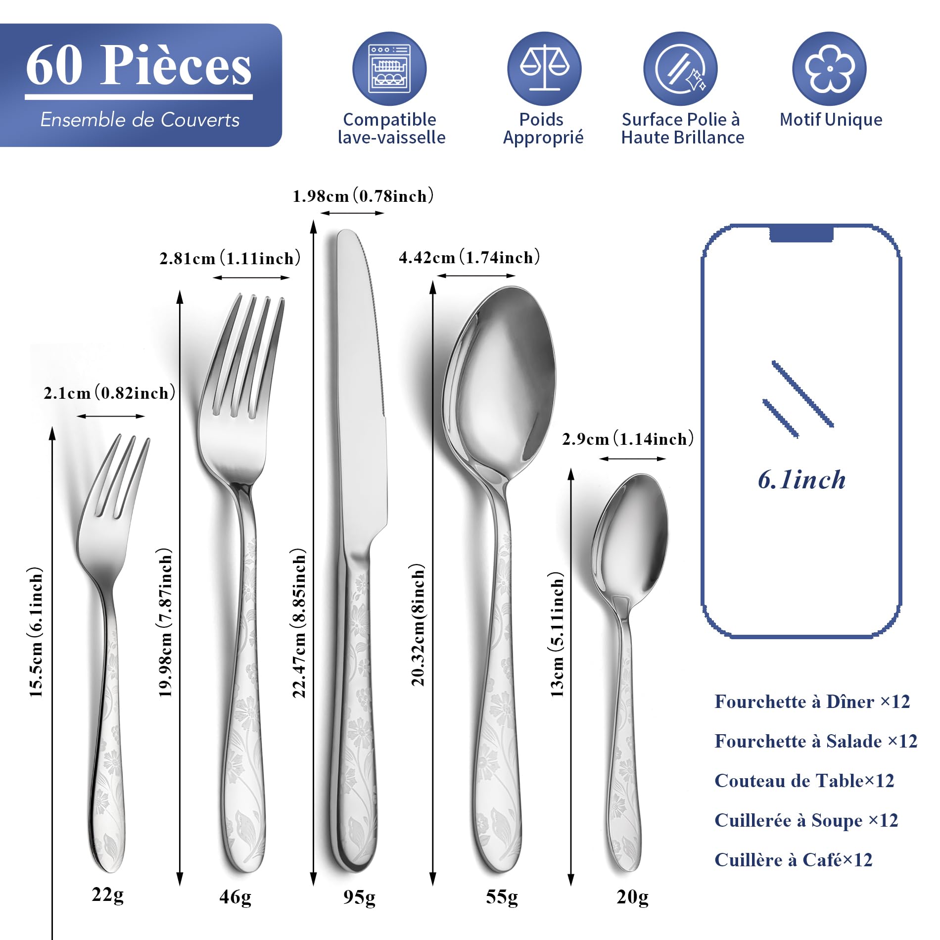 Lot de 60 Couverts de Table Inox pour 12 Personnes, Couteau Fourchette Cuillère, Motif Unique, Finition Brillante, Idéal Maison Cuisine, Lavable au Lave-Vaisselle