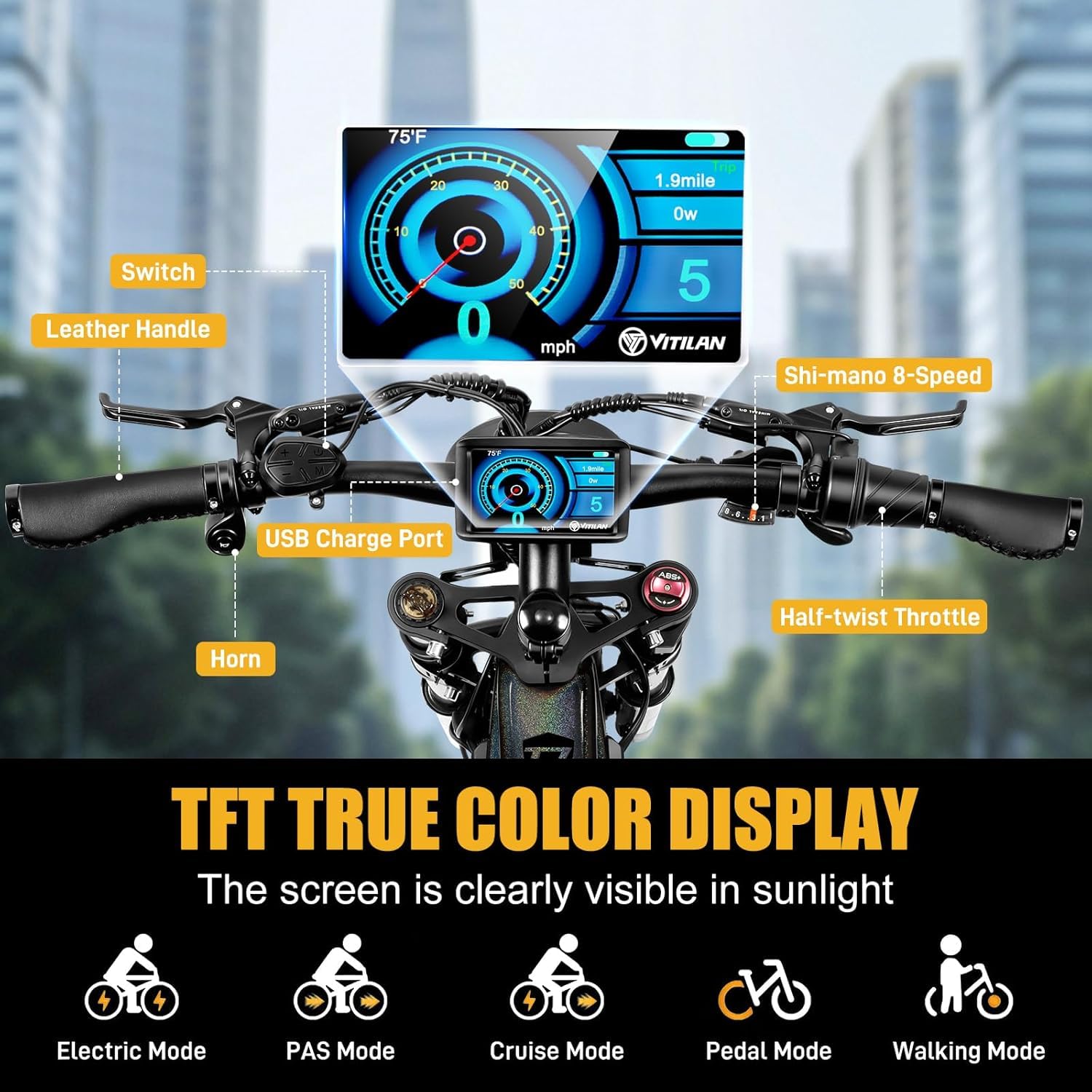 VITILAN T7 Pro Bici Elettrica per Adulti, Ebike a Lunga Autonomia 52V 20Ah, Bicicletta Elettrica da 26", Sospensioni Complete e Freni a Disco Idraulici, Telaio in Alluminio Impermeabile