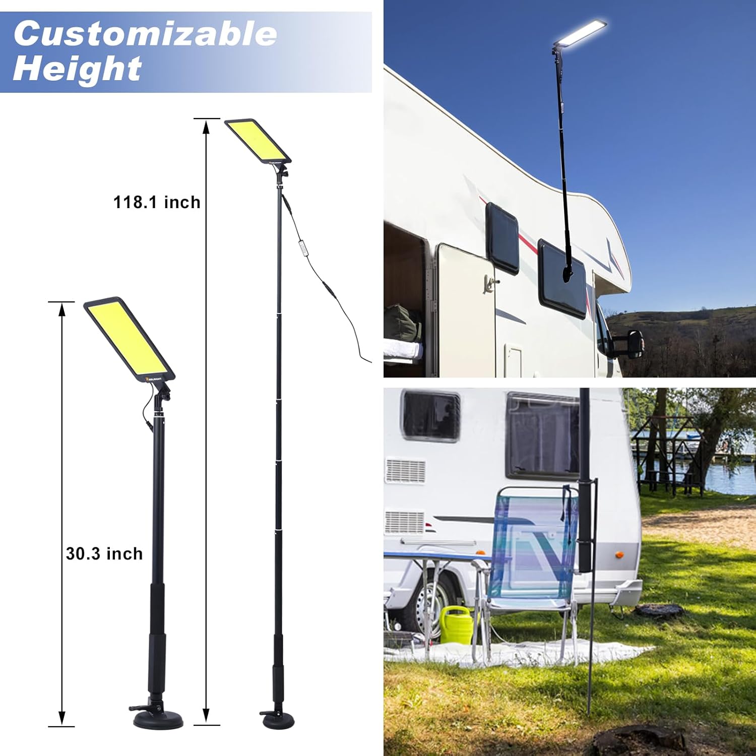ZeHuoGe LED Camping Light, 12V 10000 Lumen Super Bright Portable Outdoor Lights with Telescoping Pole Suction Cup Magnetic Base, Flood Lamp for Outdoors Camp, Fishing, Picnic, BBQ, Power Failure