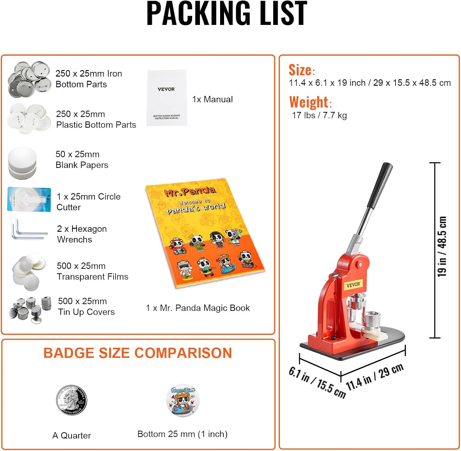 VEVOR Button Maker Machine, 25mm (1 inch) Badge Punch Press Kit, Children DIY Gifts Pin Maker, Button Making Supplies with 500pcs Button Parts & Circle Cutter & Magic Book