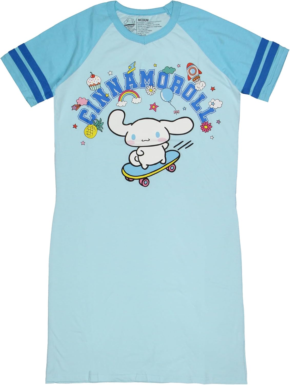 Bioworld Sanrio Hello Kitty and Friends Women's Varsity Pajama Sleep Shirt V-Neck Raglan Nightgown
