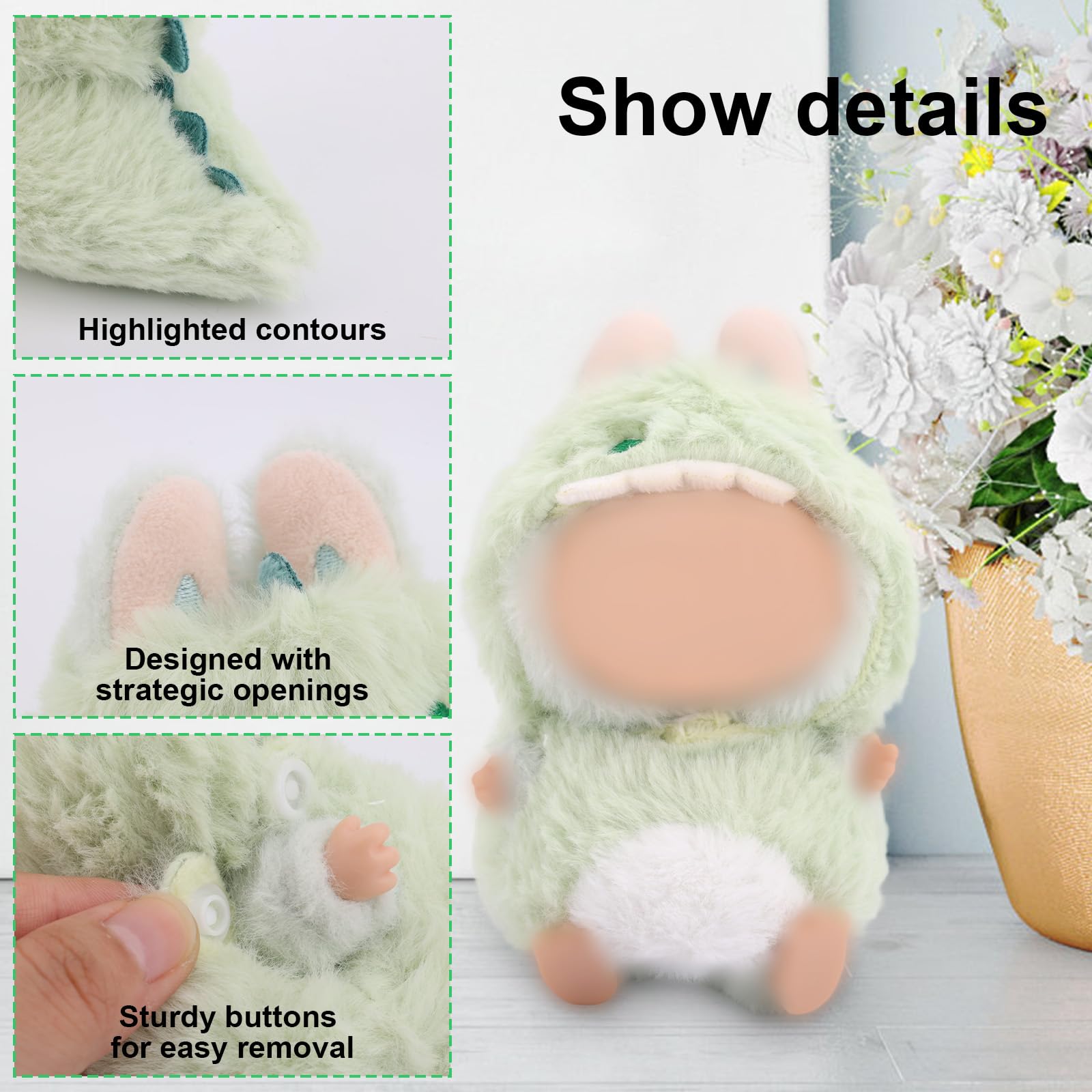 Costume Dinosaure Pour Poupée 17 Cm – Tenue Kawaii En Peluche, Avec Casque Et Combinaison, Vert, Pour Collection Et Habillage