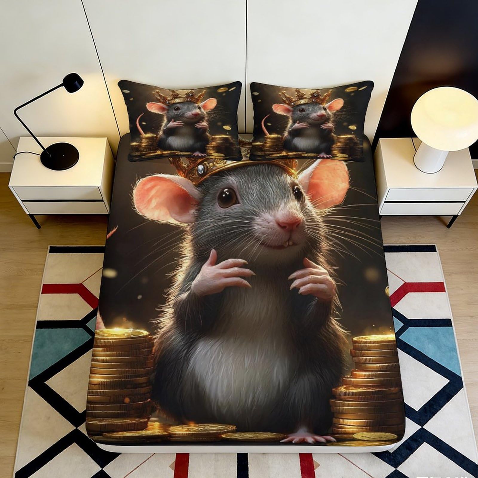 3D Printed Royal Rat Pattern Fitted Sheet Microfiber Soft Breathable Crowned Mouse Mattress Cover for Bedroom Dormitory Guest Room Mattress Protection Decor 140x200x25cm