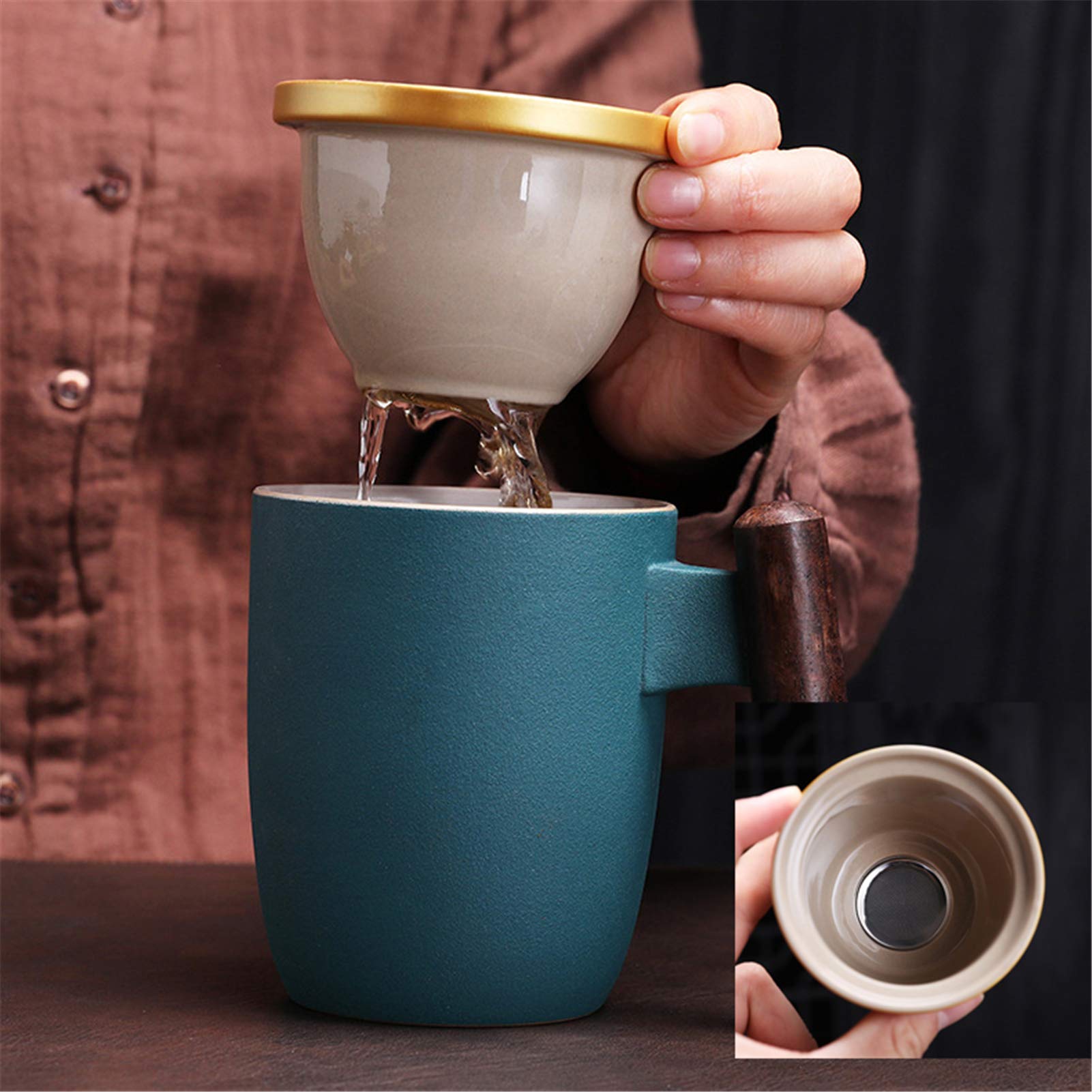 Teetasse Mit Deckel Sieb Und Holzgriff 400ml Porzellan Teebecher, Plastikfrei Cup Keramikbecher Set Zum Einweichen Von Losen Tee, Für Büro, Zuhause Oder Geschenk (Dunkelgrün)