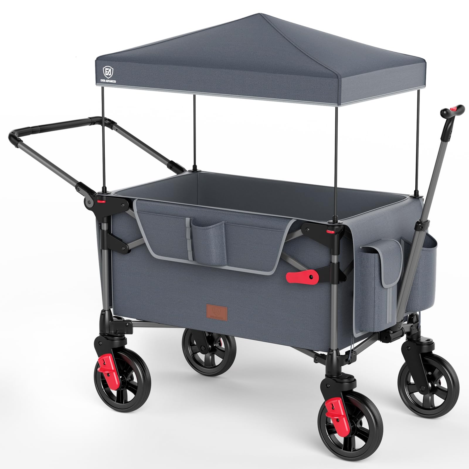 EVER ADVANCED Ultra-Compact Wagon for 2 Kids, Travel Foldable Push Pull Wagon Stroller with Removable Canopy, Adjustable Handles & Harnesses, Grey