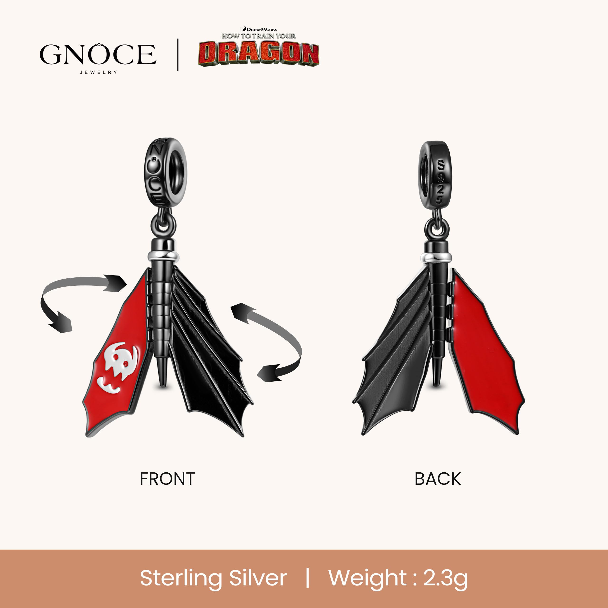 GNOCE How to Train Your Dragon Ohnezahn Flügelschläge Anhänger flatternden Flügeln 925 Sterling Silber Anhänger Charms Fit Armband/Halskette Schmuck Geschenk für Frauen Fans