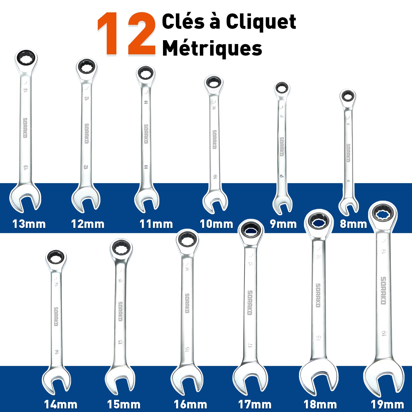 SORAKO Cle Plate a Cliquet, Clé Plate 8-19 mm Métrique, 72 Dents 5° Angle Reprise Clés Mixtes à Cliquet en Acier Chrome-vanadium avec Sac de Rangement, Cle Plate 12 Pièces pour Réparation Domestique