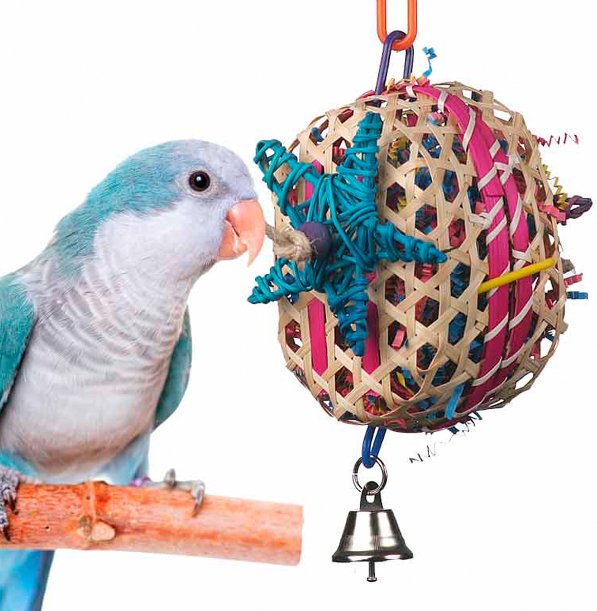 SB573 Basket Case Bird Toy - Ringnecks, Cockatiels, Parakeets, Parrots - Foraging Bird Toy with Colorful Paper Shred, Vine Stars, & Wooden Beads - for Medium Bird Size - 10" x 4"