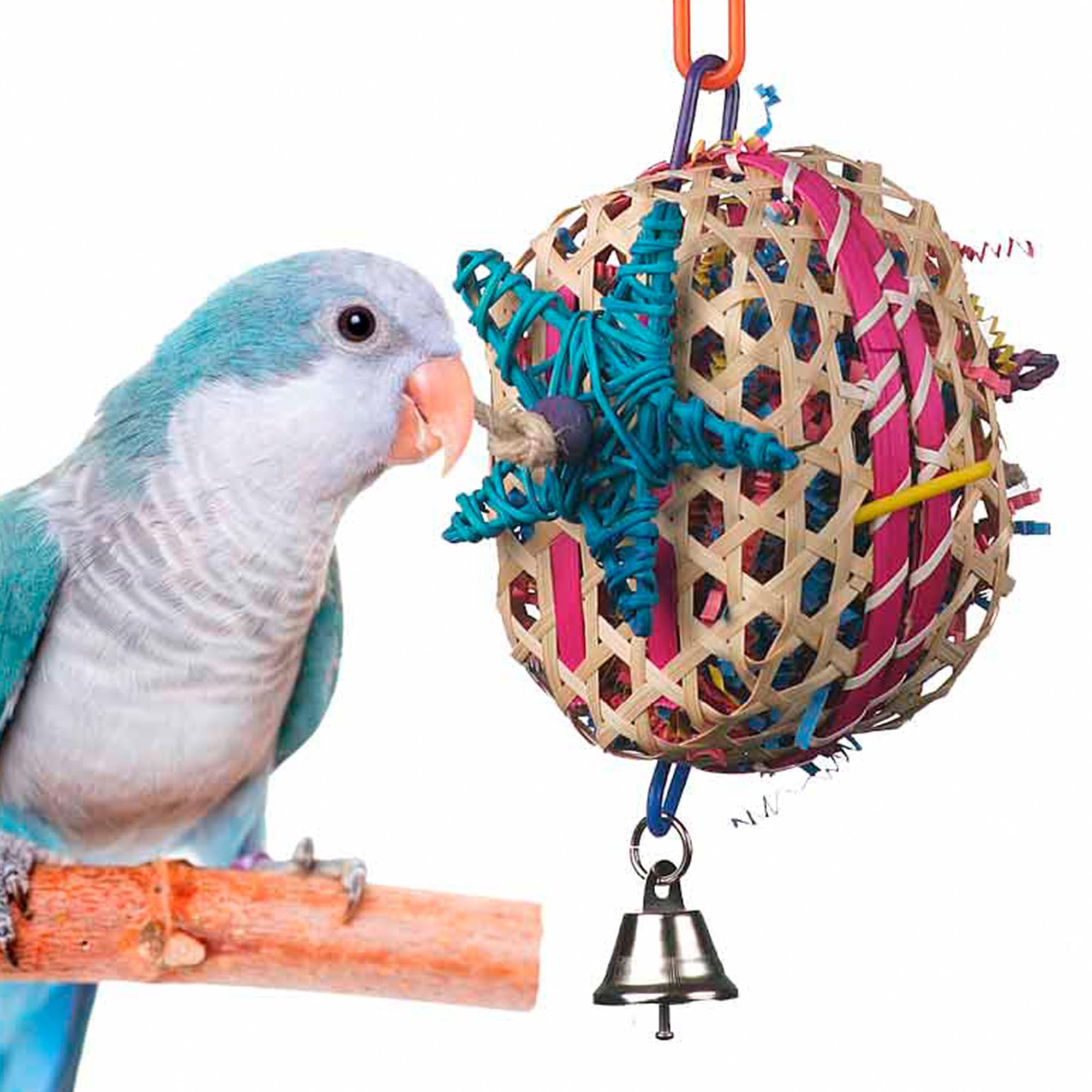 SB573 Basket Case Bird Toy - Ringnecks, Cockatiels, Parakeets, Parrots - Foraging Bird Toy with Colorful Paper Shred, Vine Stars, & Wooden Beads - for Medium Bird Size - 10" x 4"