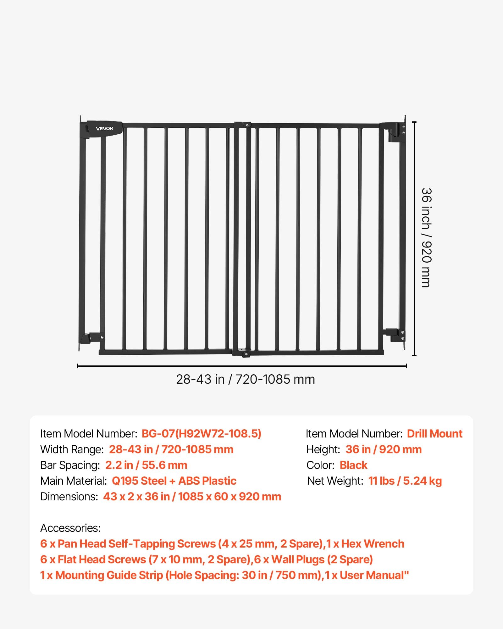 VEVOR Barrière de Sécurité Bébé, Largeur Réglable 720-1085 mm, Barrière Porte Chien, Hauteur 920 mm, sans Barre au Sol, Fixation par Perçage avec Accessoires, pour Escaliers, Passages et Maison, Noir