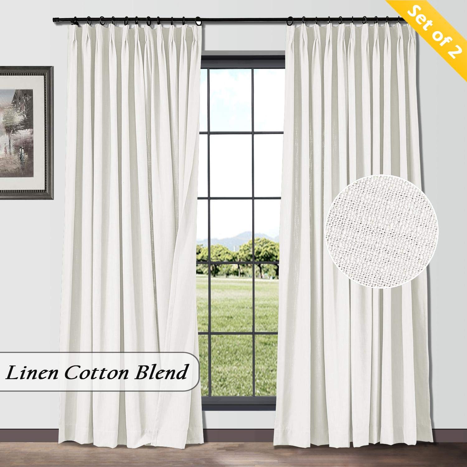TWOPAGES Cotton Linen Textured Curtains Creamy White Pinch Pleated Curtains 96 Inches Long Light Filtering Curtains for Living Room, Heavyweight Window Treatment (2 Panels, 26" W x 96" L)