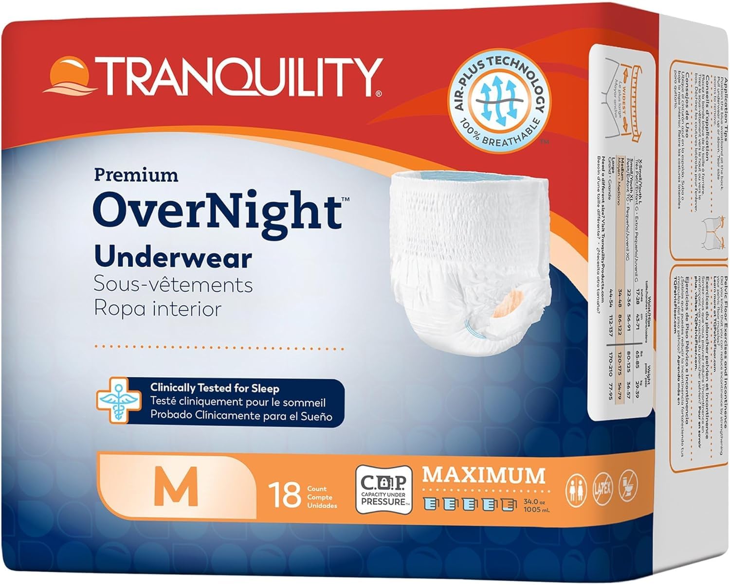 Tranquility Premium Overnight Disposable Absorbent Underwear (18 Count) - M, 34-48 in. Waist - Maximum Absorbency, All-Night Sleep, Breathable Comfort, Adult Diapers