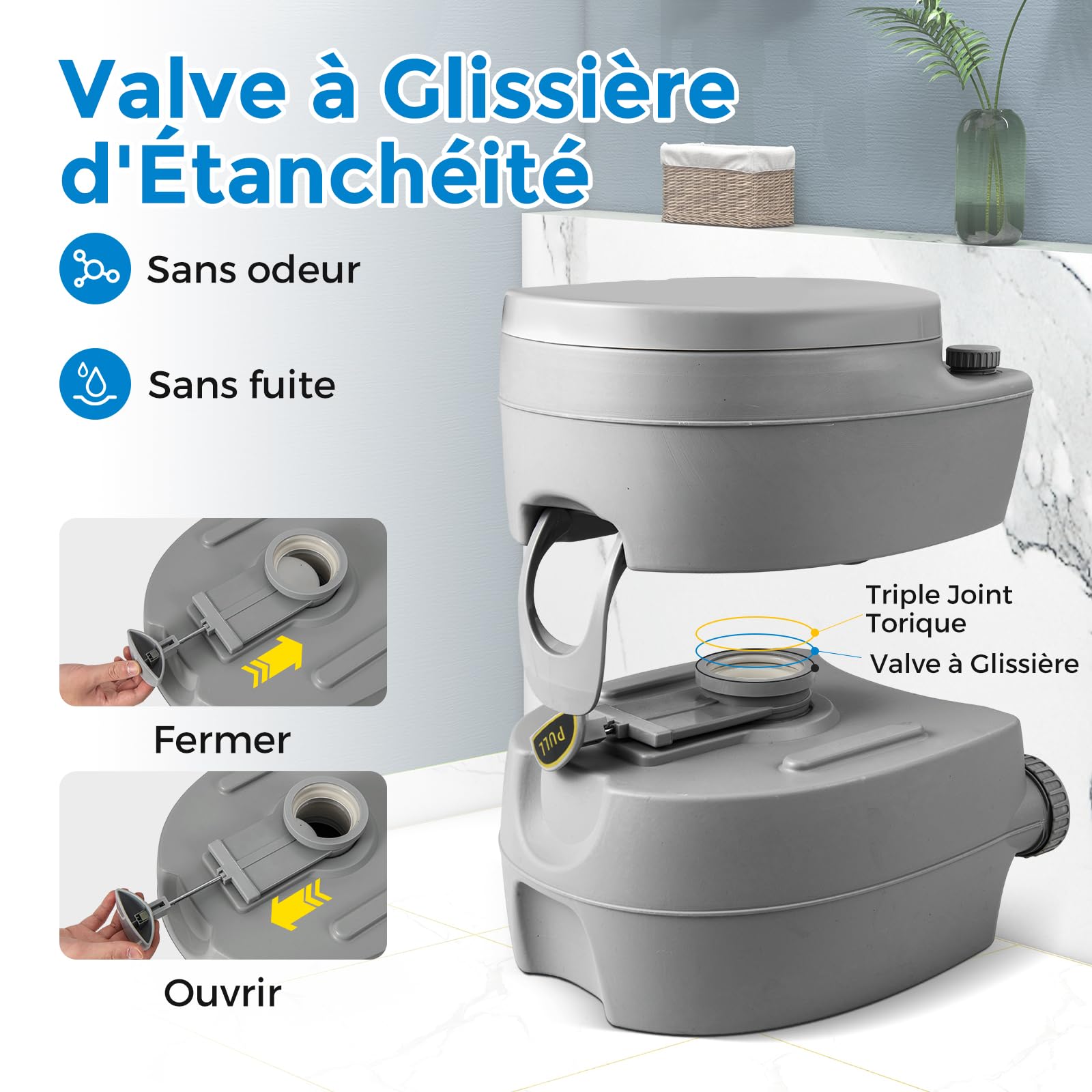 GOPLUS Toilettes Sèche Portable, Réservoir Eau 12L, Eaux Usées 20L, Pompe de Chasse d'eau, Supporte 150kg, Compacte à Double Sortie pour Camping, Pêche, Bateau,45 x 40 x 42 CM