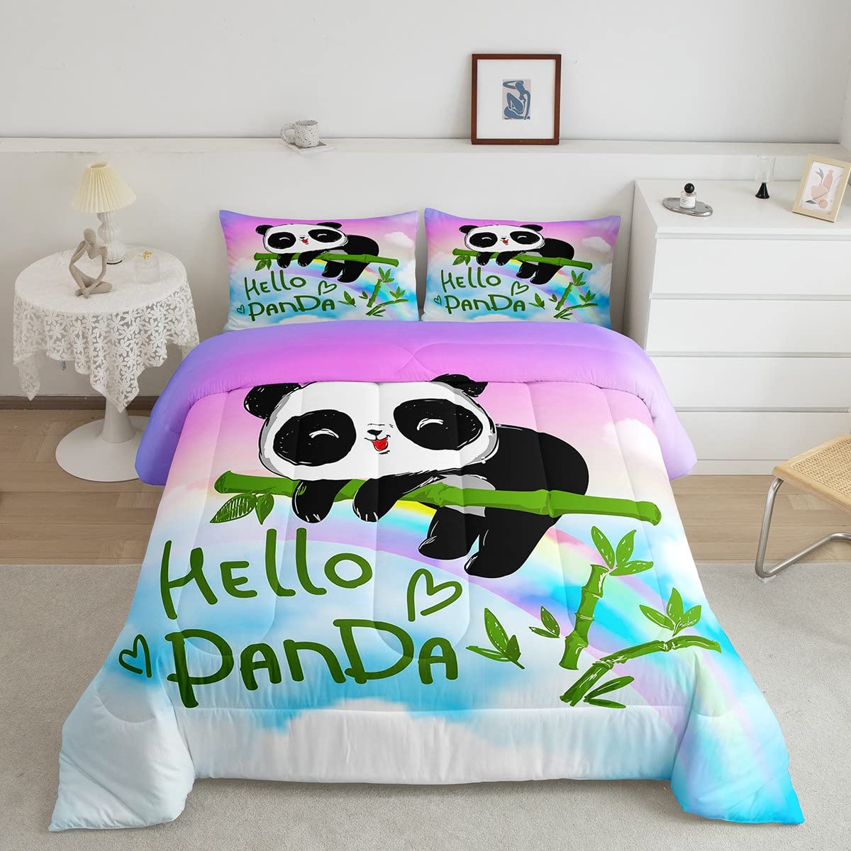 ErosebridalCute Panda Bedding Twin,Rainbow Comforter Pink Cloud Bedding Sets & Collections Dreaming Galaxy Duvet Insert Green Quilt Sets,2Pcs Ultra Soft All-Season Down Comforter (1 Pillowcase)…