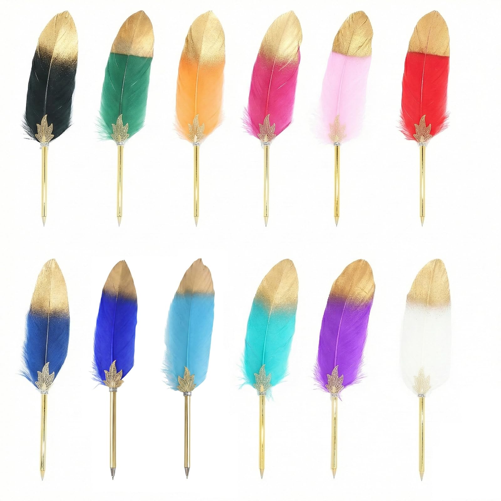 12 Pack Feather Ballpoint Pens Vintage Quill Pen Set with Assorted Colors & Gold Finish Barrels 10 in Retro Writing Instrument for Wedding Guest Book, Office Decor, and Party Favors (Black Ink)