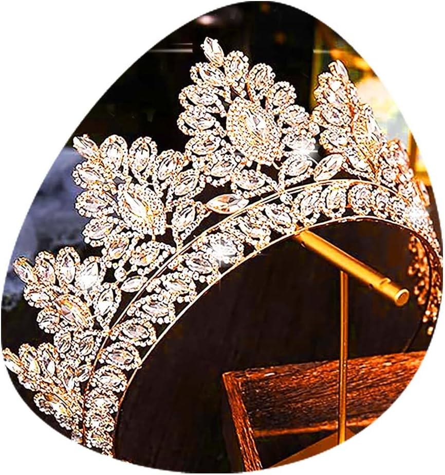 Baroque Crown and Tiara Gold Crystal Pearl Bride Wedding Queen Crowns Decorative Princess Tiaras Rhinestone Hair Accessories for Women(L)