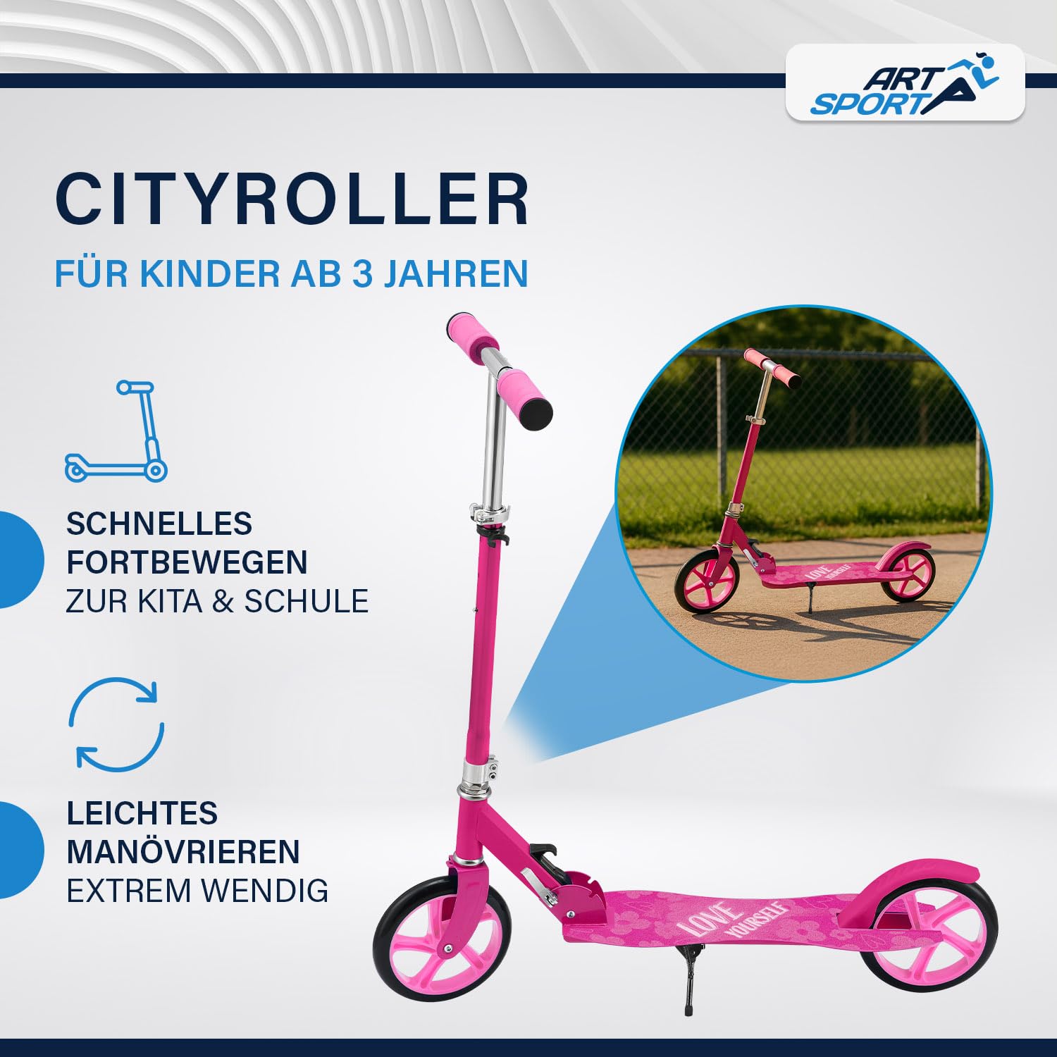 ArtSport® Scooter Cityroller Big Wheel 205mm Räder klappbar & höhenverstellbar - Kinder-Roller ab 3 Jahre - Tretroller bis 100 kg - pink
