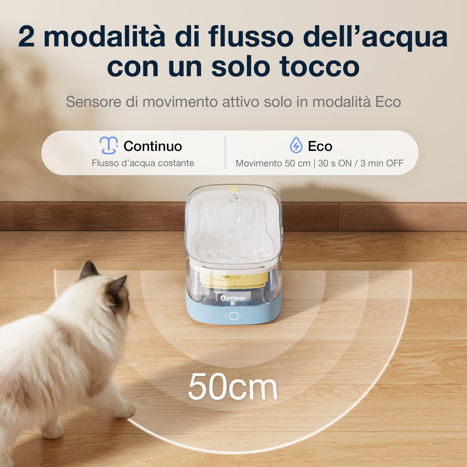 PETGUGU Fontanella per Gatti Intelligente con Monitoraggio dell’Acqua e Report AI, Fontana per Gatti y Cani con Filtro a 8 Strati, Pompa Senza Fili Silenziosa <20 dB, Sensore di Movimento 50cm