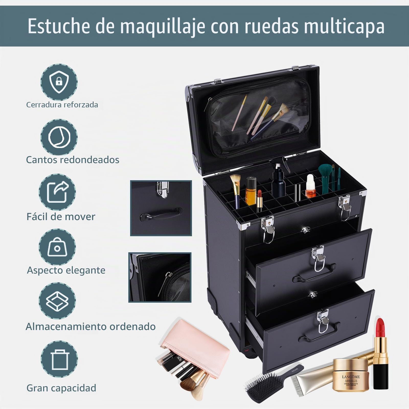 Maletín de maquillaje con ruedas, con 2 cajones y 2 cerraduras, maletín de peluquería grande 36 x 23 x 58 cm, maletín de maquillaje con ruedas giratorio 360°, gran capacidad, Negro , moderno