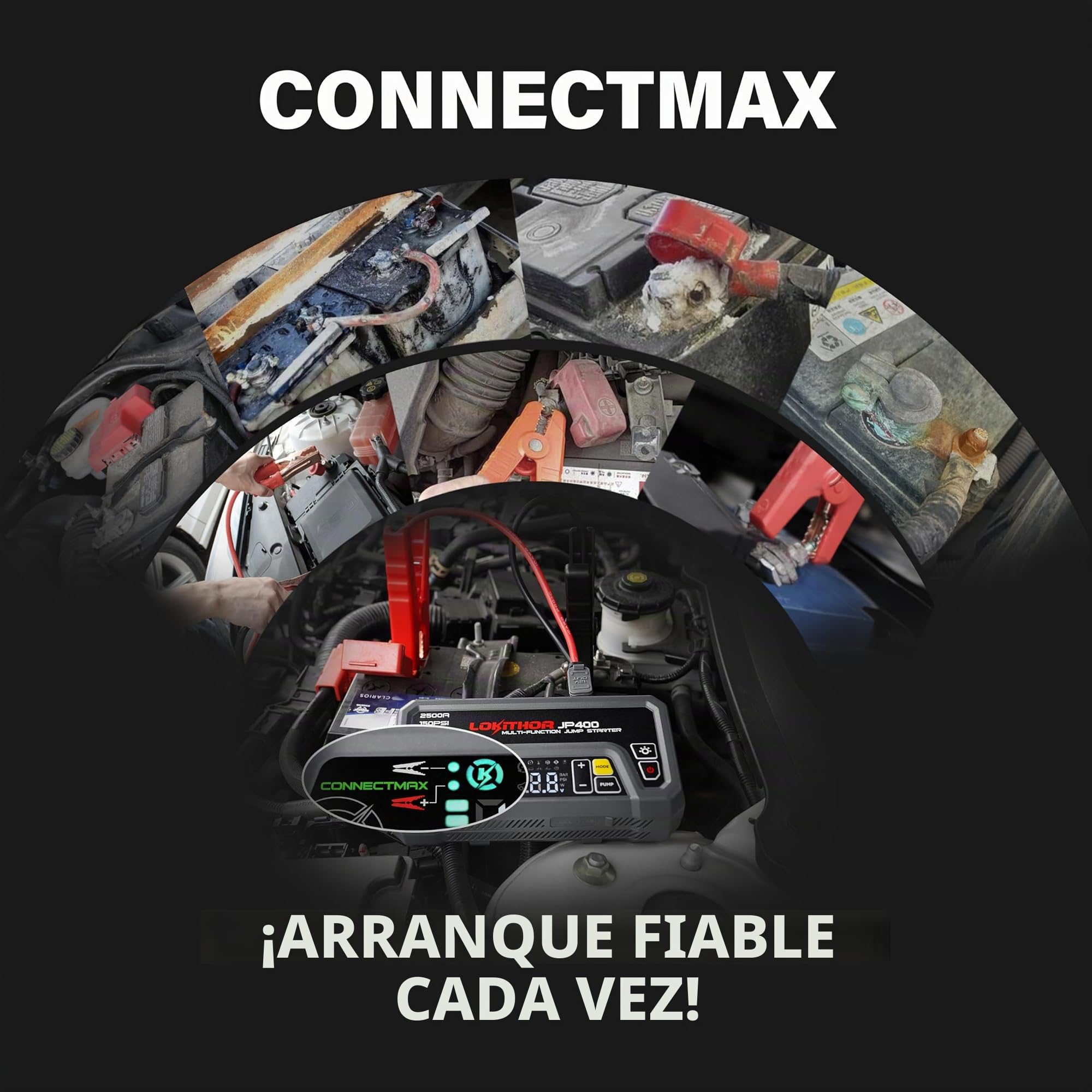 LOKITHOR JP400 Arrancador de Coches Portátil 2500A con Compresor | Cargador Inteligente 6V/12V con Mantenimiento y Desulfatación, Para Gasolina 8,5L y Diésel 6,5L