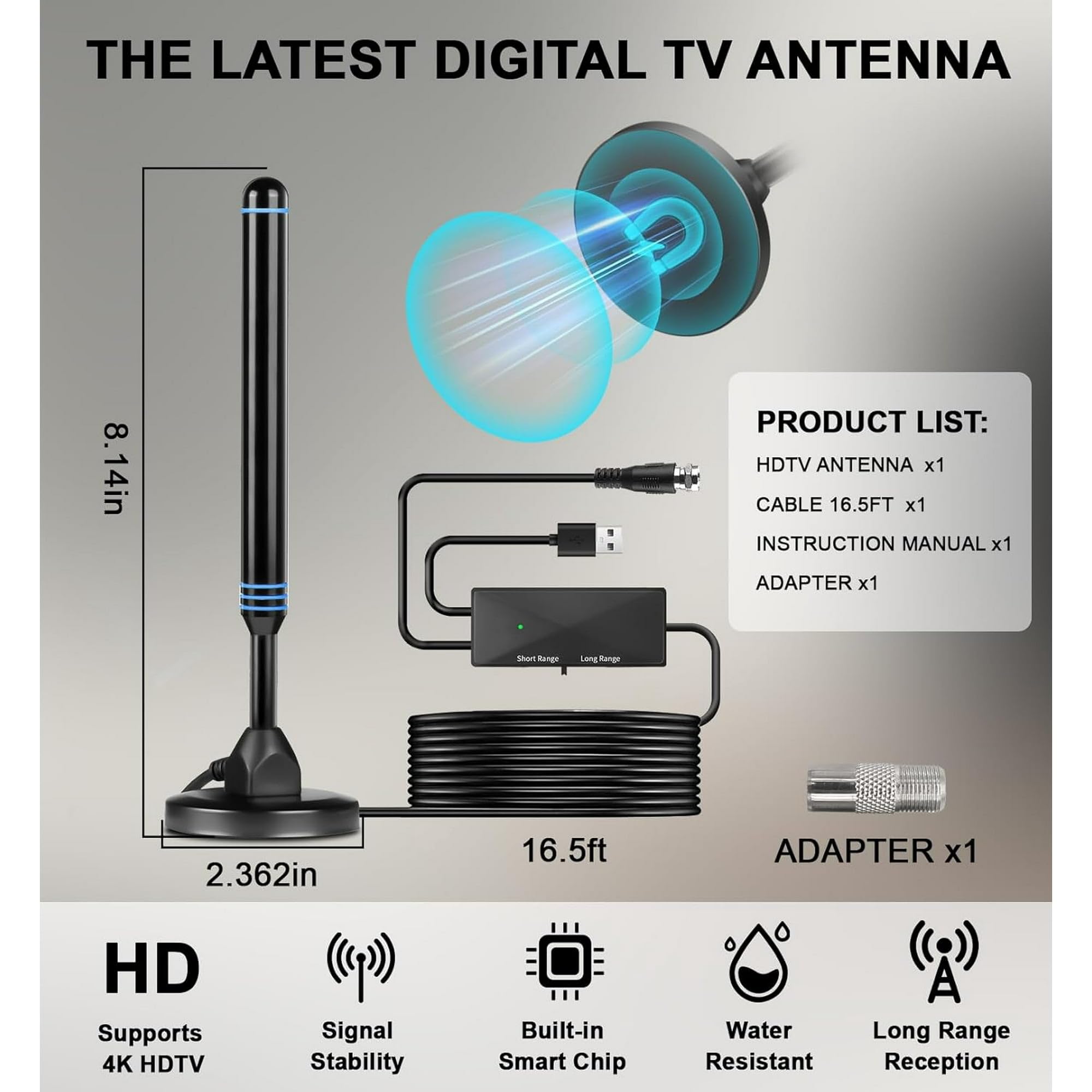 Antena de TV interior para Smart TV, antena digital HD para canales locales, recepción de largo alcance, soporta 4K 1080p UHF VHF todos los televisores antiguos