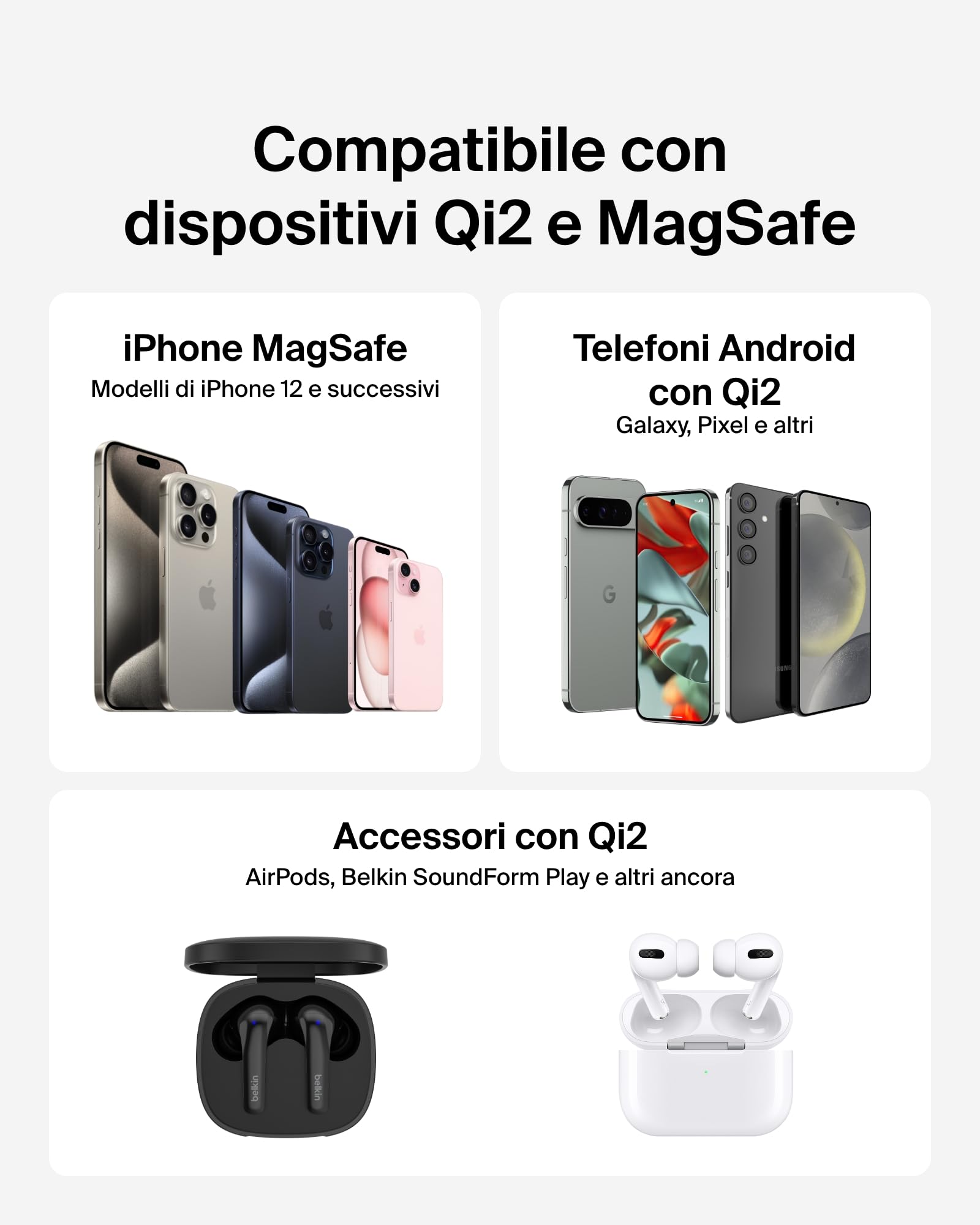 Belkin Tappetino di ricarica wireless magnetica 15 W con supporto, caricatore wireless Qi2 compatibile con MagSafe per iPhone 16 Series, Samsung Galaxy S25 Series, AirPods (con alimentatore), nero