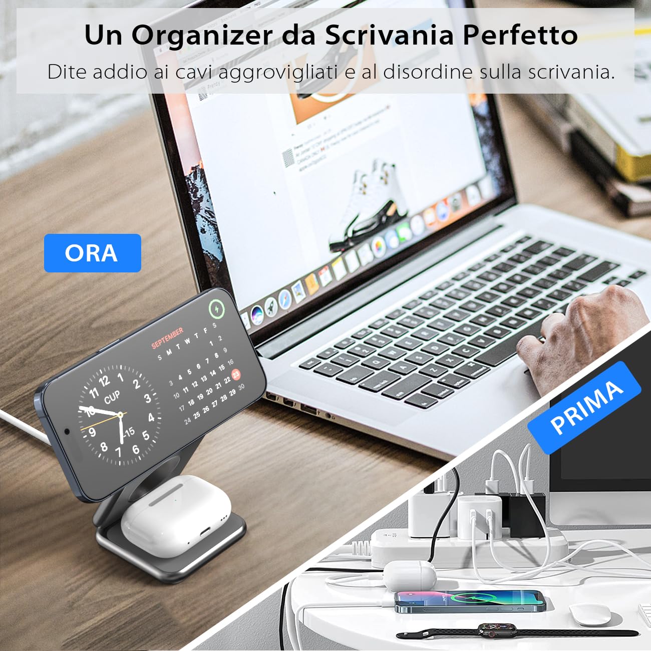 KU XIU X40 Caricatore Wireless Magnetico, Stazione di Ricarica Pieghevole 3-in-1 per iPhone 16/15/14/13/12, 5W per Apple Watch 10/9/Ultra/SE/8/7/6/5/4 - Grigio