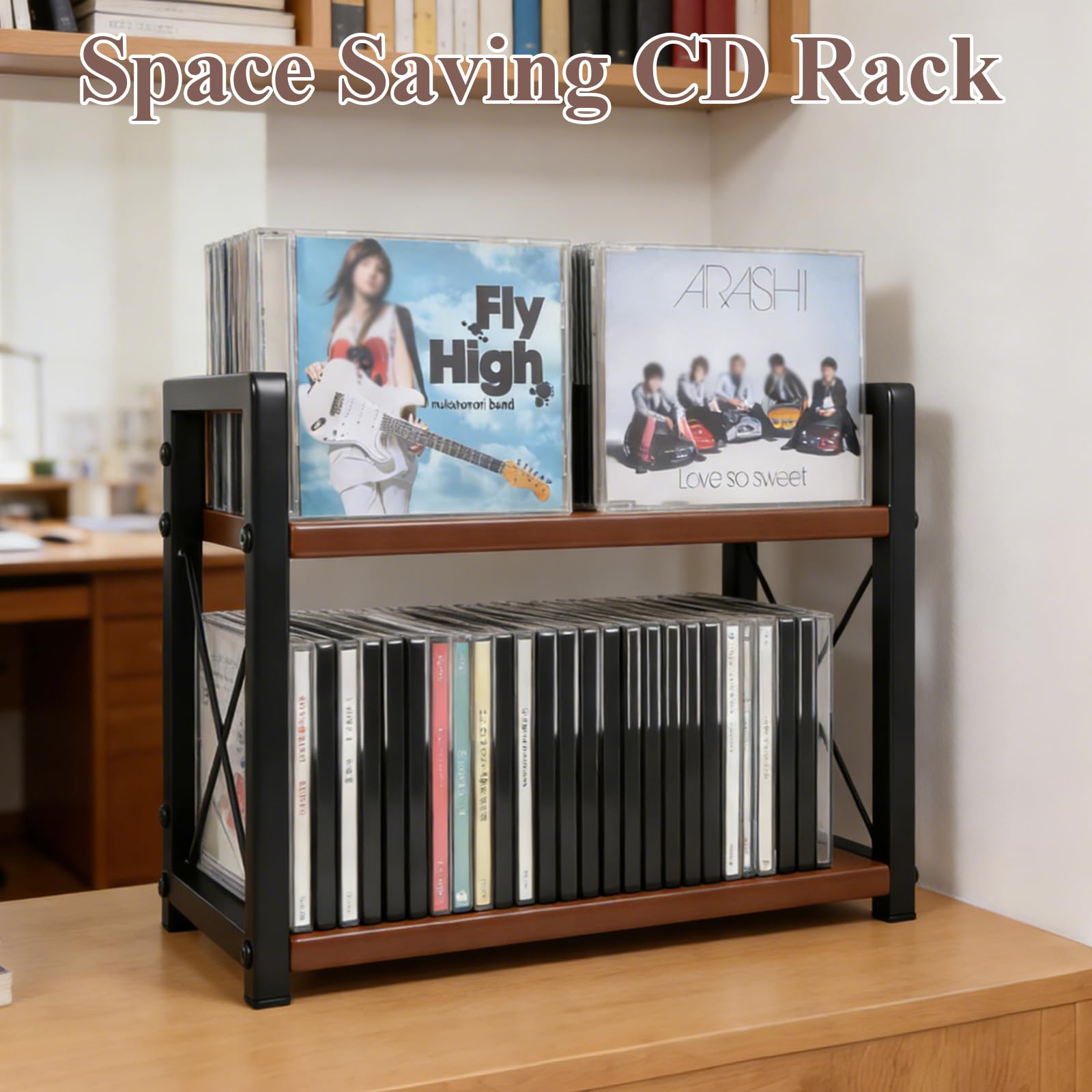 Estante de almacenamiento de CD de 2 niveles para encimera de exhibición de DVD de madera con estante superior de exhibición para el hogar, oficina, sala de estar, cocina, entusiastas de la música