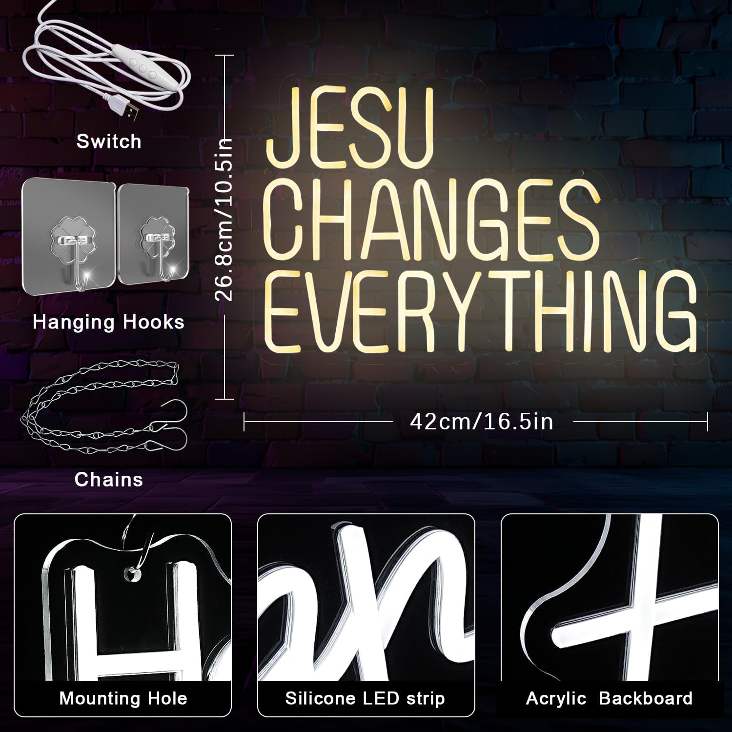 Jesus Changes Everything Neon Sign for Wall Decor Jesus Neon Light Christian Neon Light Sign Warm White Letter LED Light Signs for Bedroom Easter Religious Events Church Decor