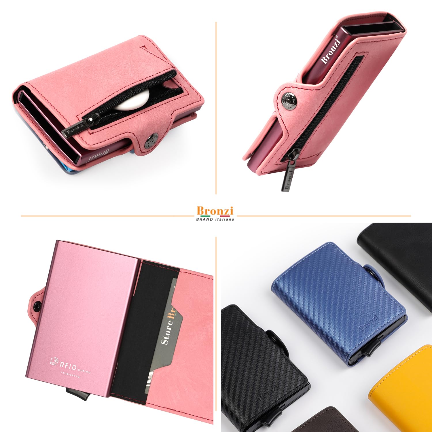 Bronzi Portafoglio Porta Carte Credito - Portafoglio Uomo Donna Slim Portacarte - Mini Porta Tessere - Protezione RFID Portatessere - Design Smart Opaco Rosa