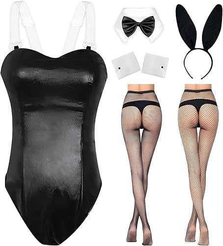 Metaparty Disfraz de conejo para mujer adulta, cosplay de conejito con medias de oreja de Pascua, disfraz de anime para Halloween