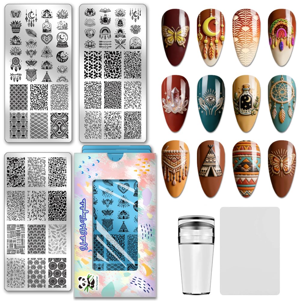 PH PandaHall Set di 3 stencil per nail art, stile bohémien, acchiappasogni, piume, cristalli, luna, stella, unghie, stampini, fiori, foglie, stampini per unghie, per donne, fai da te, manicure, design
