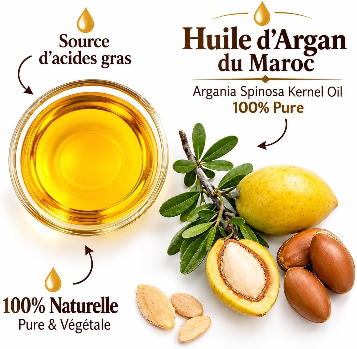 Aceite de Argán Alimentario de Marruecos 100 ml – 100% Puro – de Semillas de Argán Tostadas y Prensado en Frío – Aceite de Argán para Cocina, Ensaladas y Condimentos – Botella de 100 ml