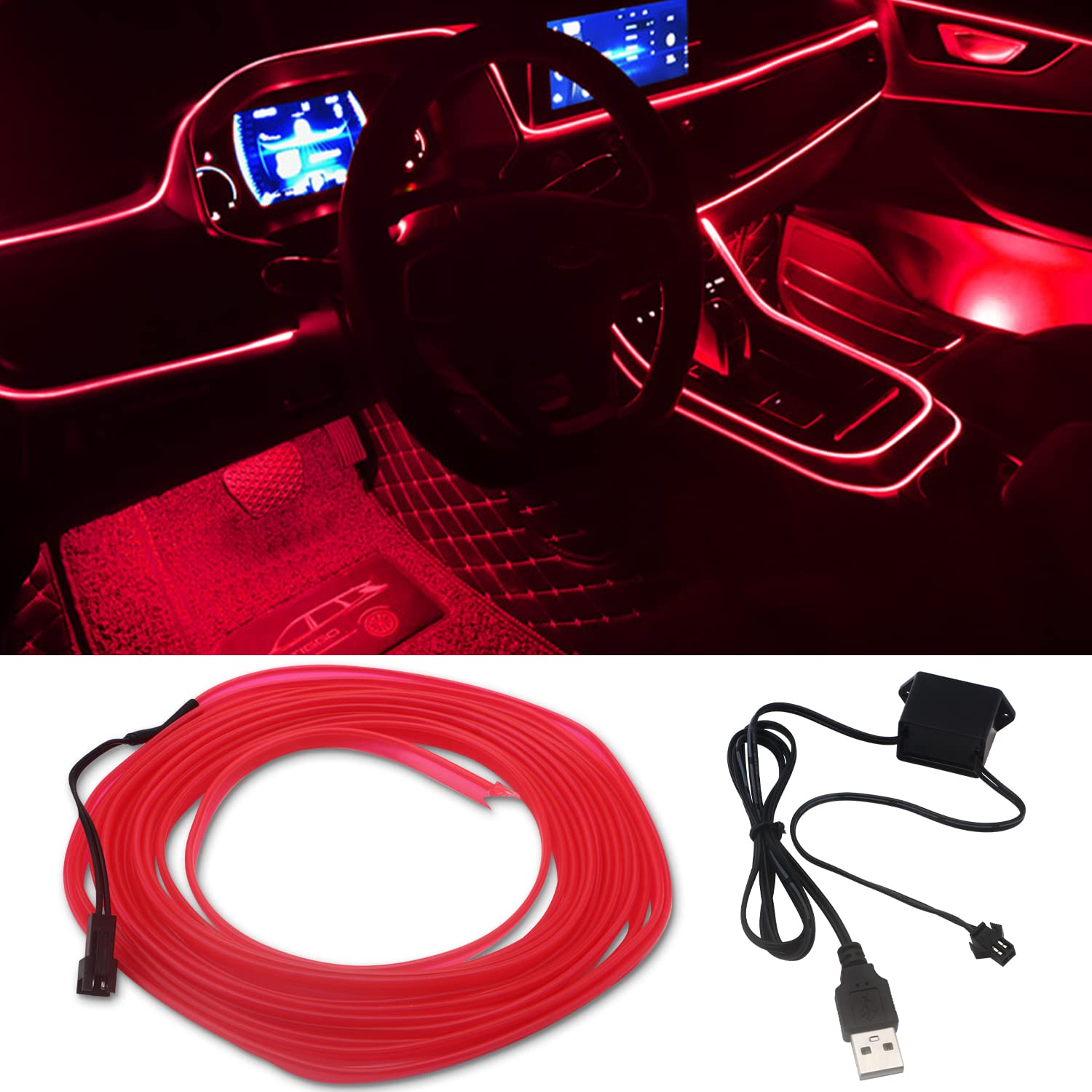 El Wire Red Neon Lights 16FT/5M Car Interior Led Strip Light USB 5V for Car Garden Party Decoration