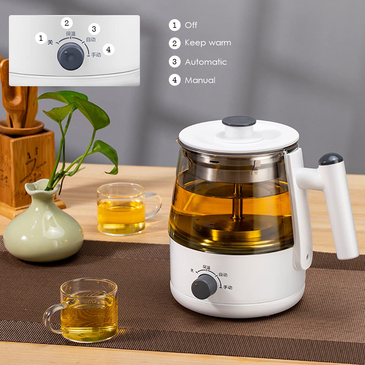 Hervidor de vidrio silencioso con filtro de acero inoxidable, hervido rápido de 0,8 L, tetera con función de mantener caliente, control de perilla sabiduría