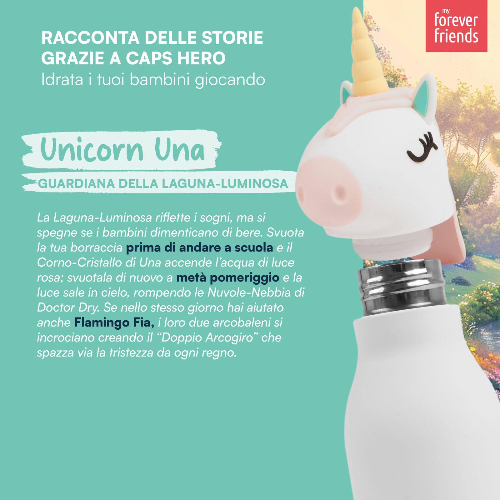 Borraccia Termica per Bambini Acciaio Inox Senza BPA 520ml - CapsHero Unicorno Unicorn Una - Riutilizzabile Antiodore con Doppia Parete 230x70mm - Caldo 12h Freddo 24h - Collezione My Forever Friends