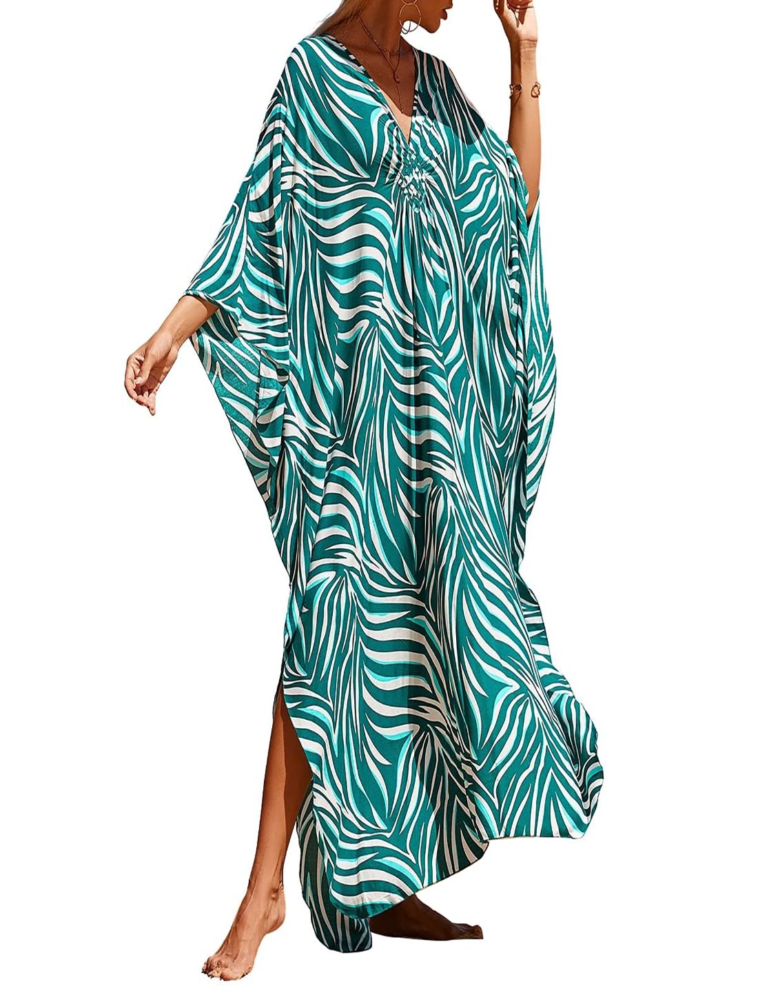 AilunsnikaRobe Kaftan Bikini Swimsuit Cover Up for Women Casual Long Turkish Beach Dress, B-green Zebra, One Size