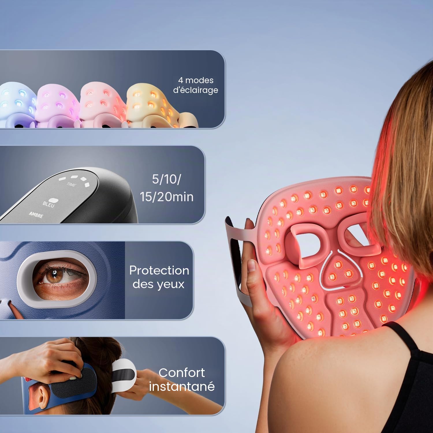 Masque LED Visage Luminothérapie – 4 Modes de Soin, Masque Thérapie Lumière Rouge avec Minuterie Intelligente, Système PDT Anti-Âge à Domicile – Approuvé par la FDA