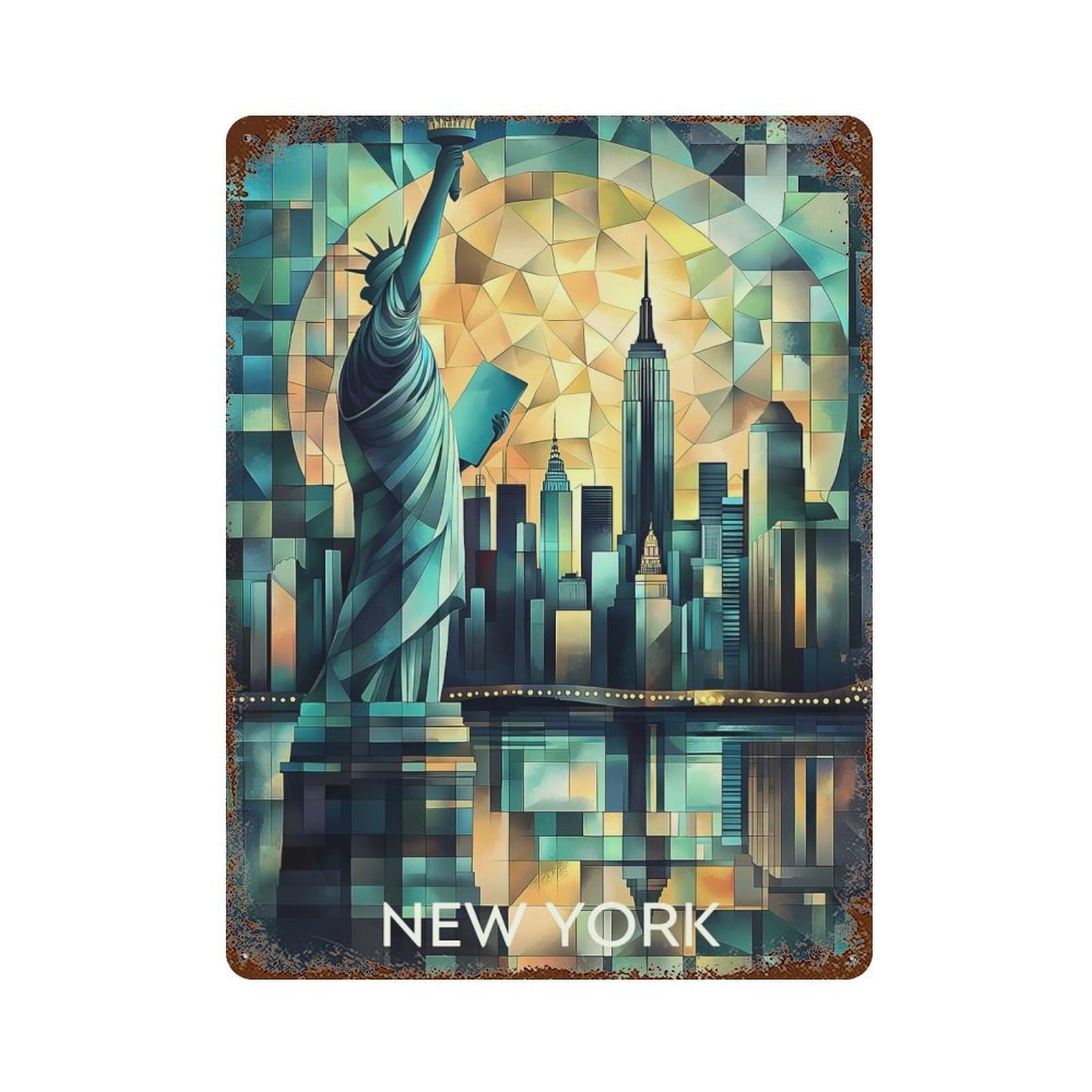 Garage Style Cubist New York Skyline with Statue of Liberty Rusty Metal Tin Sign 15.7"x11.8", Industrial Home Decor for Bar And Workshop