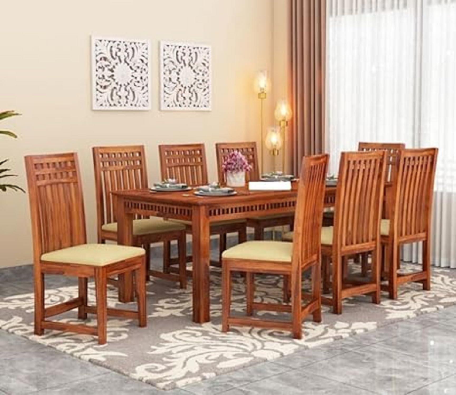 JODHPUR CITY FURNITURE Sheesham Wood 8 Seater Dining Table with Cushioned Chairs for Living Room Dining Room Furniture Set for Home (Honey Finish)