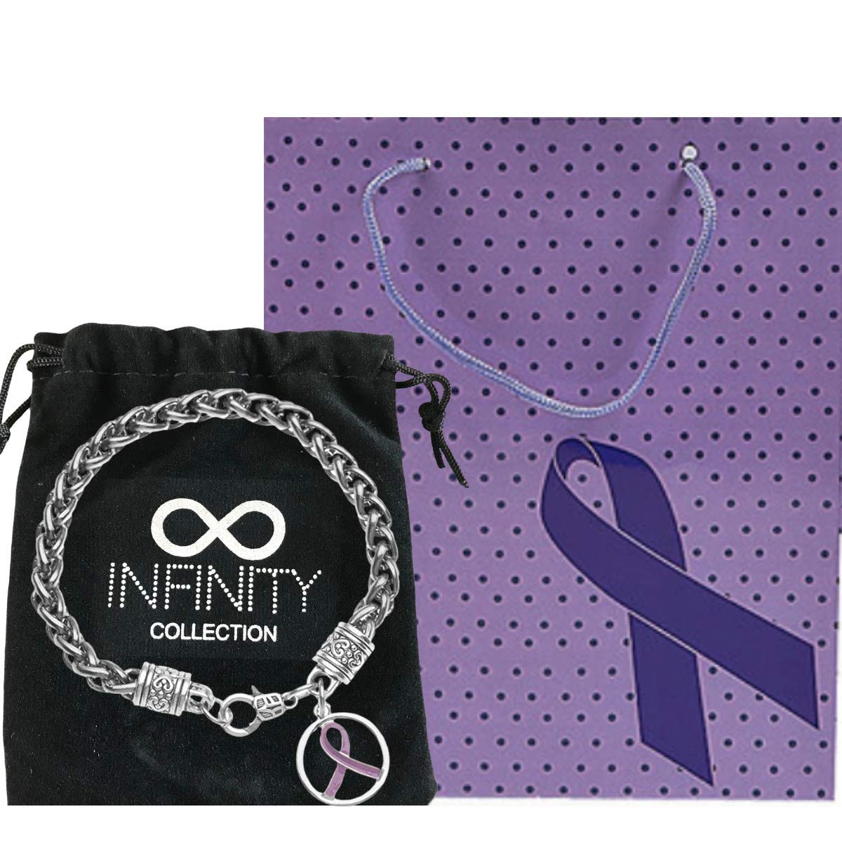 Infinity Collection Purple Ribbon Bracelet and Gift Bag, Pancreatic Cancer Bracelet, Purple Ribbon Awareness Bracelet