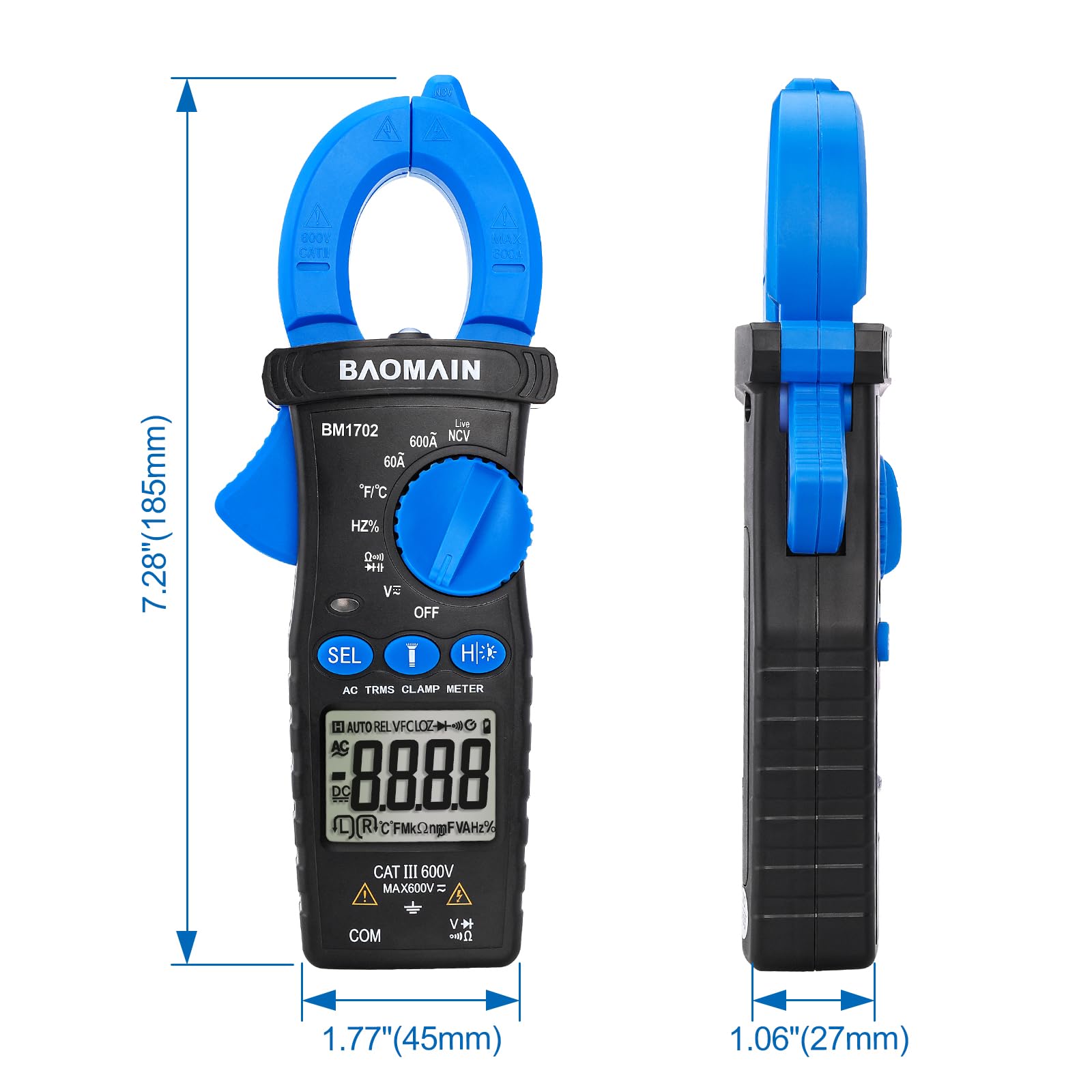 Baomain Digitales Zangenmessgerät, T-RMS 6000 Zähler Mehrzweck-Zangenmessgerät für 60A/600A AC Strom, AC/DC Spannung, Temperatur, Diode, Widerstand, Kapazität, Durchgangsprüfung, NCV, Frequenz
