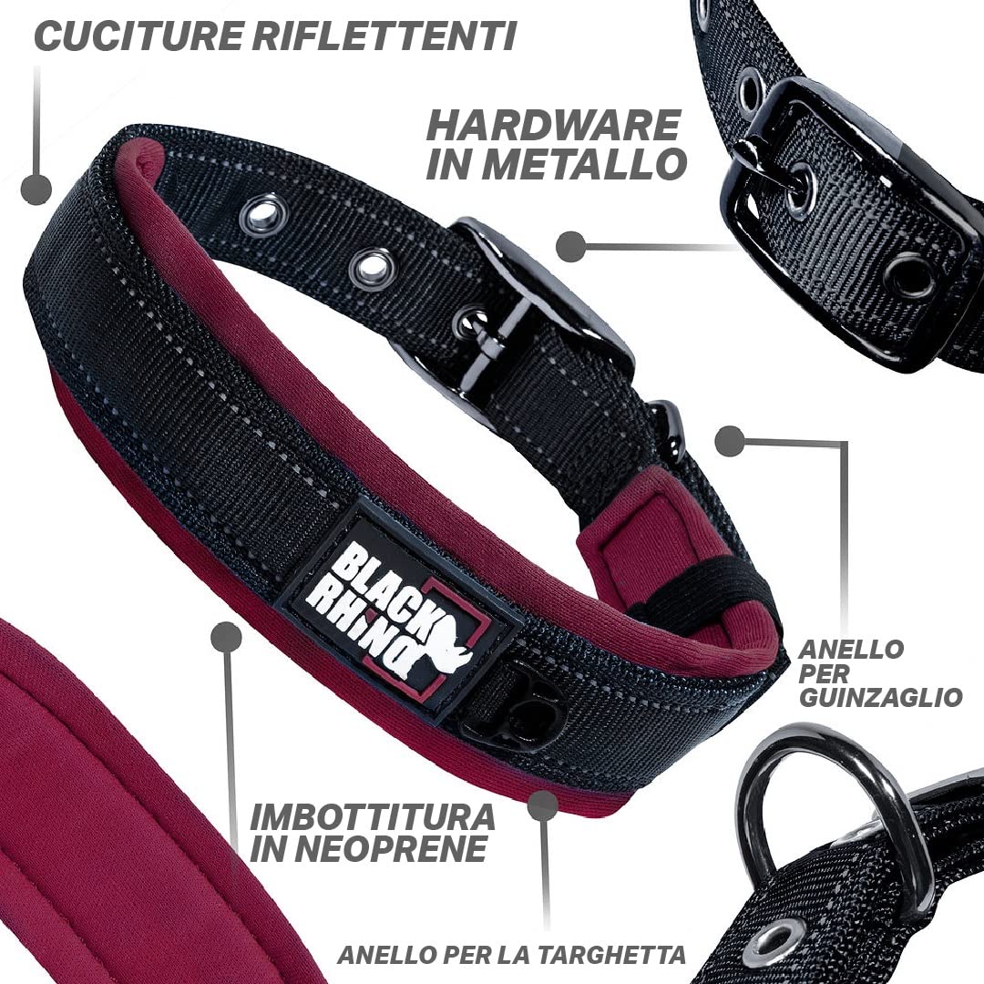 Black Rhino - Collare per cani imbottito in neoprene ultra morbido, per tutte le razze, confortevole, resistente, regolabile, riflettente, impermeabile (XL, Bordeaux/Nero)