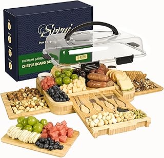 Charcuterie Board with Lid Gift Set - Cheese Bamboo Tray with Utensils, 2 Sauce Bowls,Fruit Tray and Food-Grade Seal Included - Portable with Handle for Travel, Parties, Kitchen Gifts for Women