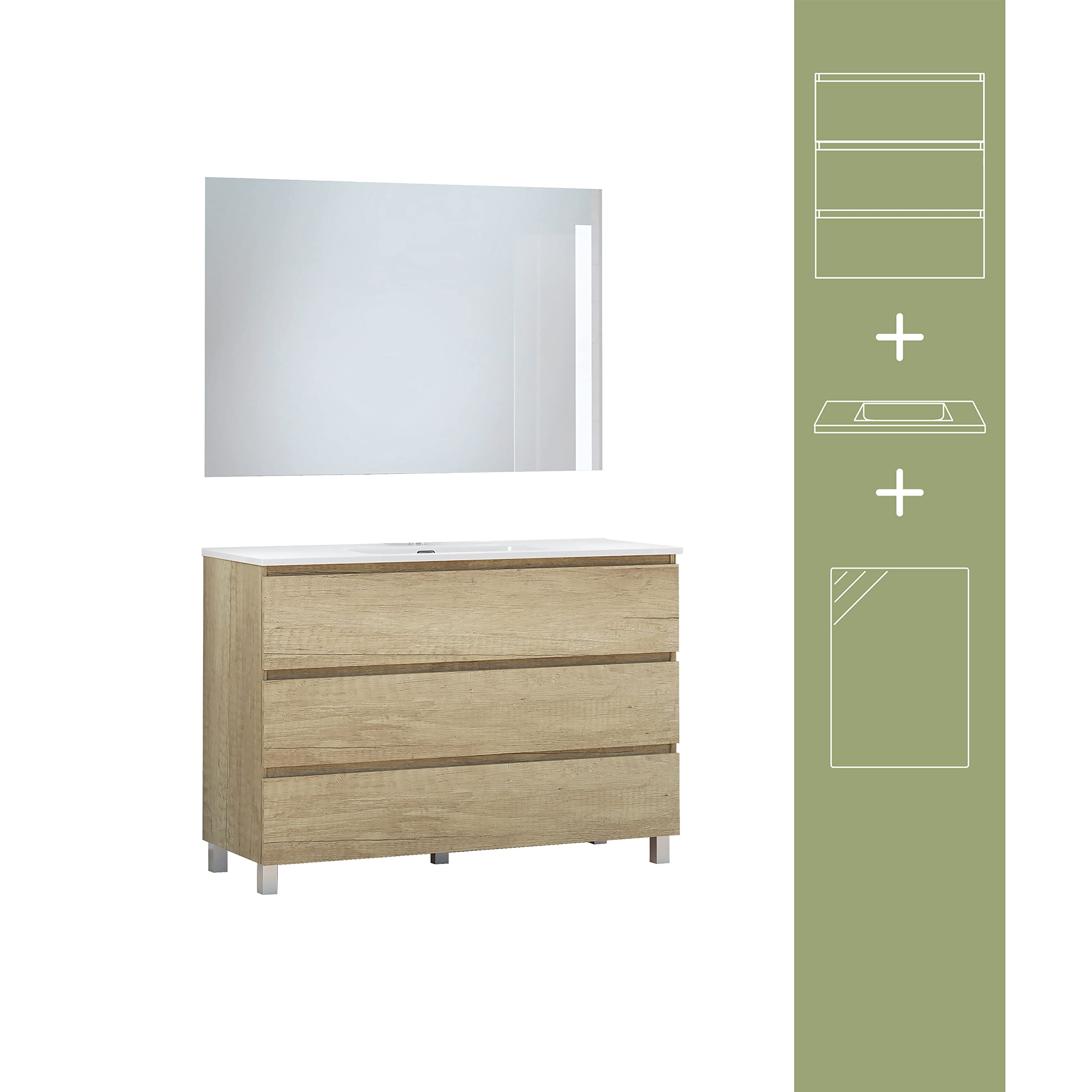 Baikal Conjunto de Mueble de Baño Neo con Espejo Luna Lisa, Tres Cajones o Dos Puertas, Mueble con Patas. Varios Acabados y Medidas. Melamina 16mm. Mueble MONTADO. 3c 120 Nature